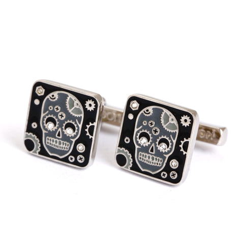 Skull cufflinks - silver, black and white