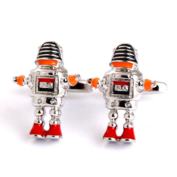 Robot cufflinks - silver, red, orange