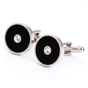 Round with centre crystal cufflinks - black and silver